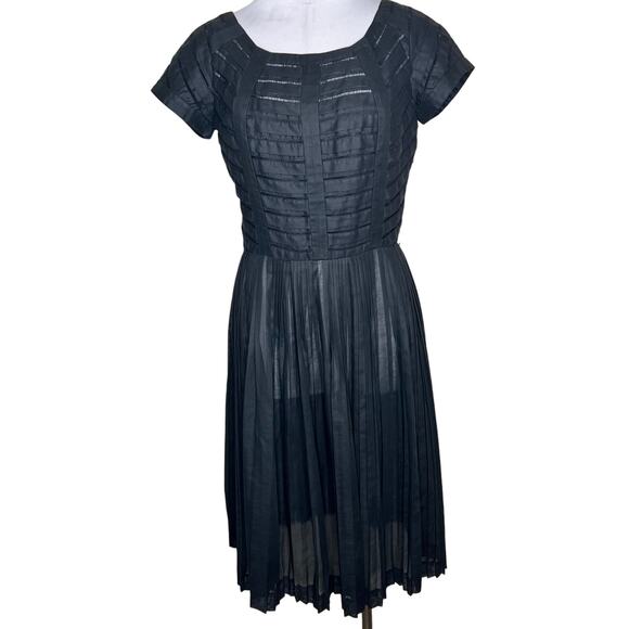 Vtg 50s Carlye Midi Dress 6/8 Black Pleated Cotton Mid Century Made in USA 60s - Picture 1 of 8